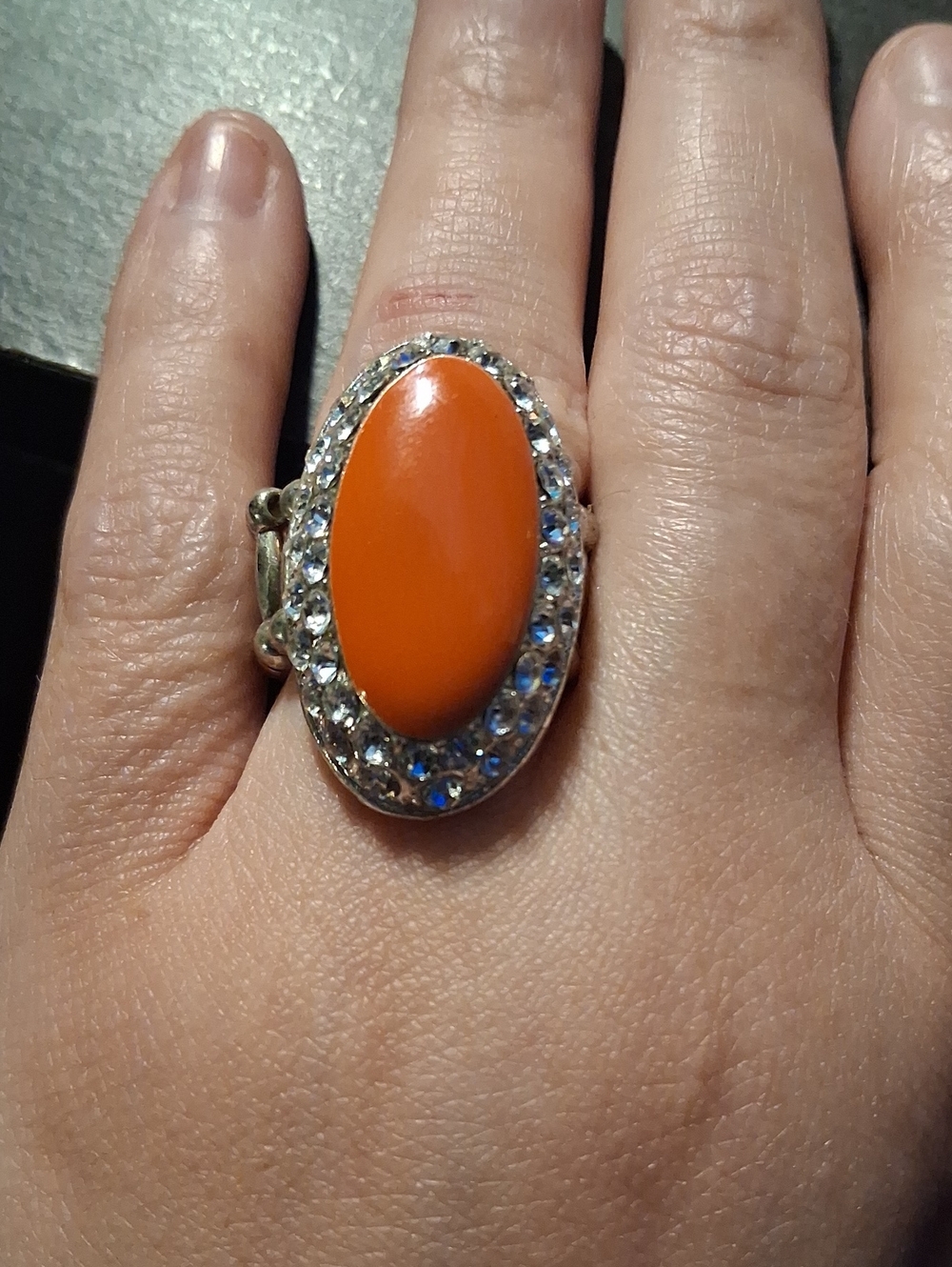 Source Unknown Orange Oval Ring with Crystal Halo